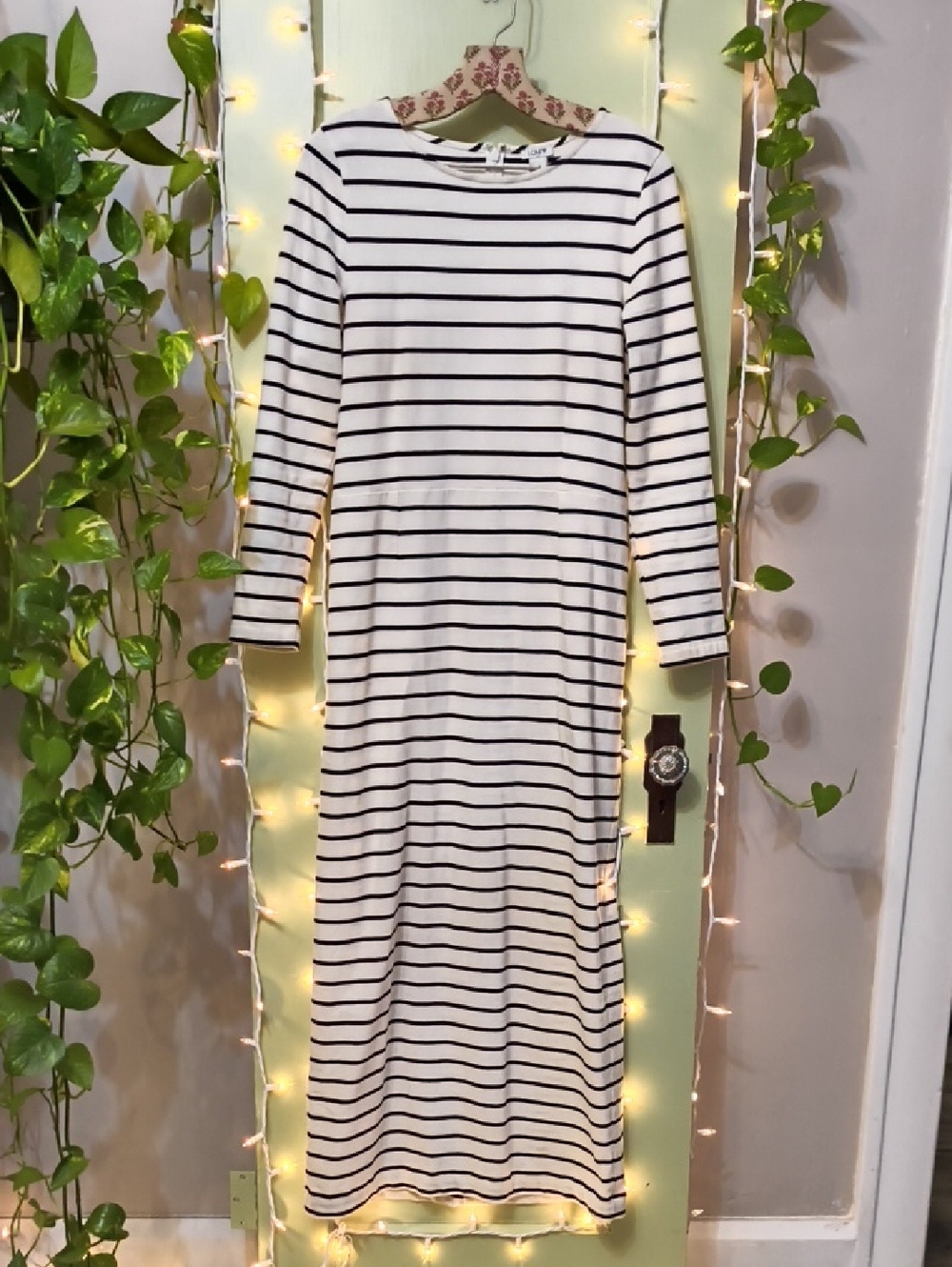 Women's J Crew Navy Ivory Long Sleeve Striped Column Dress M